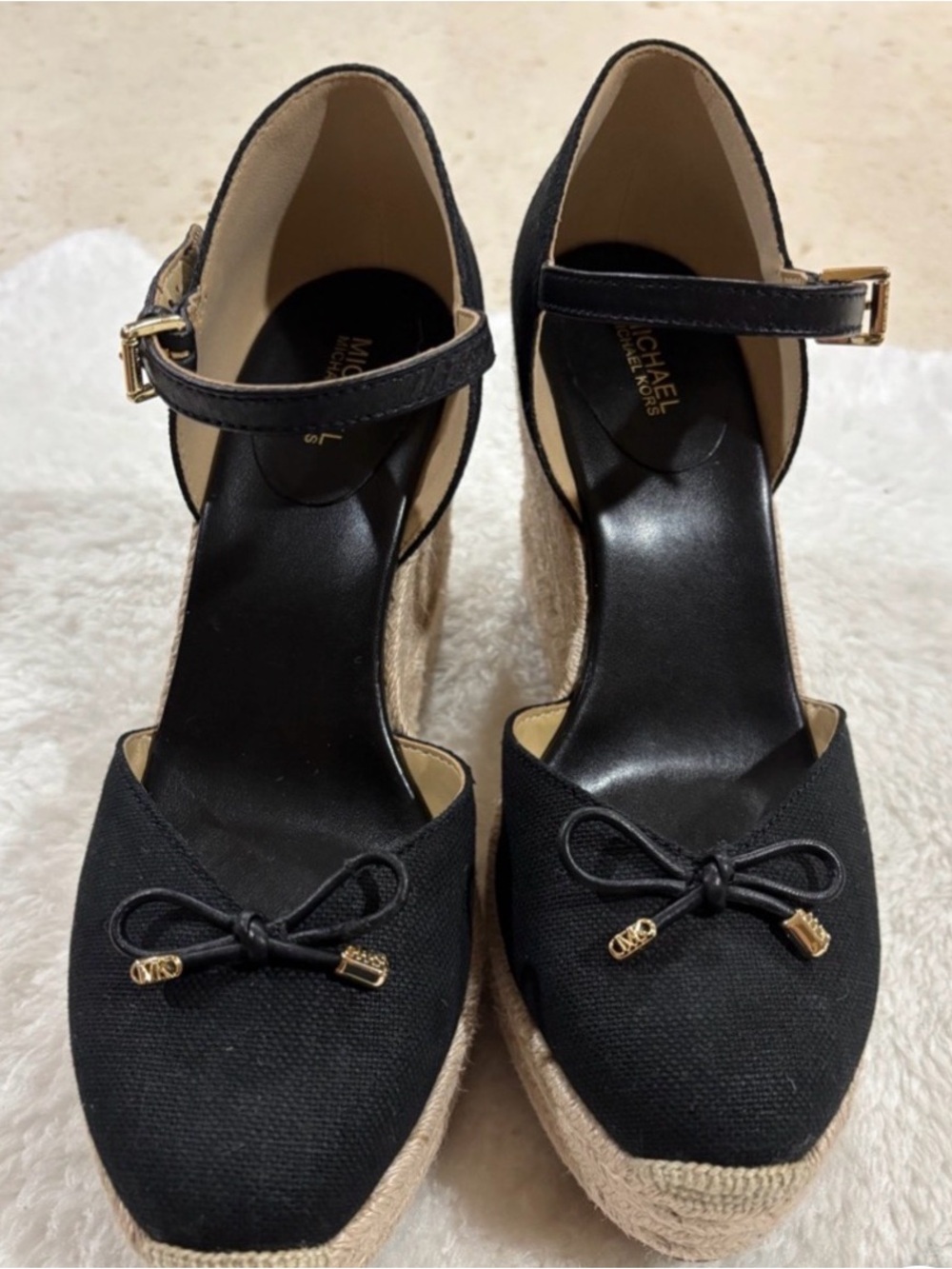Michael Kors Black Canvas Espadrille Wedge Sandals with Ankle Strap